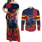 Custom Crows Football ANZAC Couples Matching Off Shoulder Maxi Dress and Long Sleeve Button Shirt Poppy Soldier With Aboriginal Dots Art