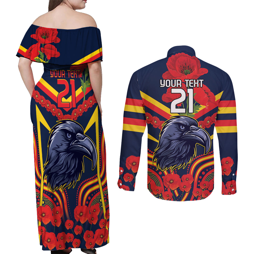 Custom Crows Football ANZAC Couples Matching Off Shoulder Maxi Dress and Long Sleeve Button Shirt Poppy Soldier With Aboriginal Dots Art