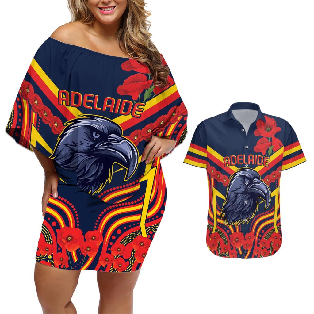 Custom Crows Football ANZAC Couples Matching Off Shoulder Short Dress and Hawaiian Shirt Poppy Soldier With Aboriginal Dots Art