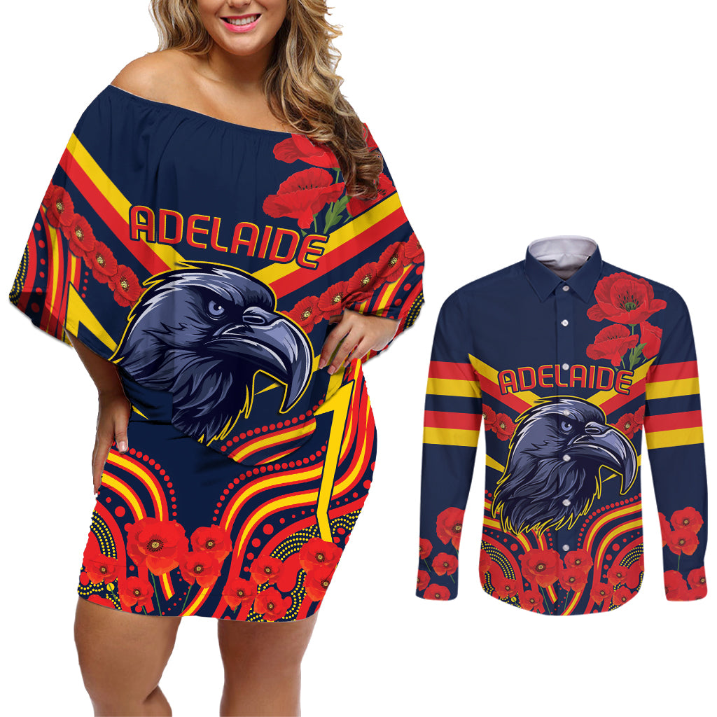 Custom Crows Football ANZAC Couples Matching Off Shoulder Short Dress and Long Sleeve Button Shirt Poppy Soldier With Aboriginal Dots Art