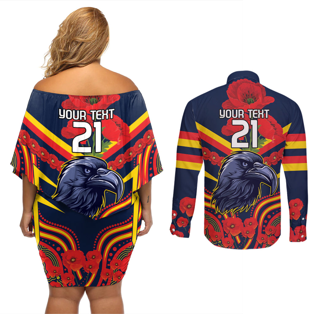 Custom Crows Football ANZAC Couples Matching Off Shoulder Short Dress and Long Sleeve Button Shirt Poppy Soldier With Aboriginal Dots Art