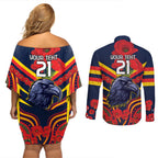 Custom Crows Football ANZAC Couples Matching Off Shoulder Short Dress and Long Sleeve Button Shirt Poppy Soldier With Aboriginal Dots Art
