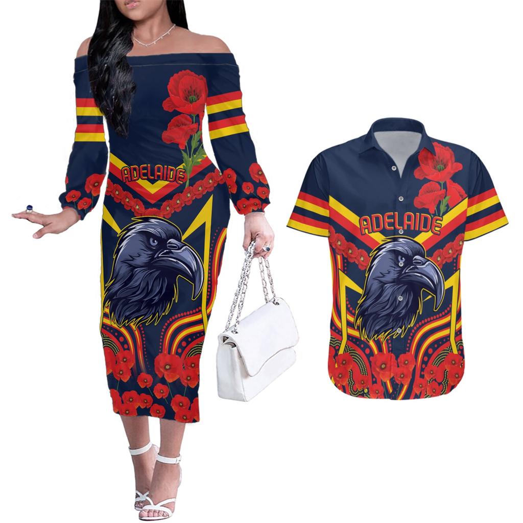 Custom Crows Football ANZAC Couples Matching Off The Shoulder Long Sleeve Dress and Hawaiian Shirt Poppy Soldier With Aboriginal Dots Art