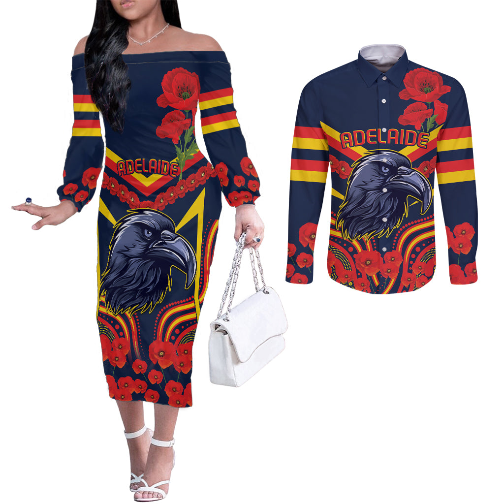 Custom Crows Football ANZAC Couples Matching Off The Shoulder Long Sleeve Dress and Long Sleeve Button Shirt Poppy Soldier With Aboriginal Dots Art
