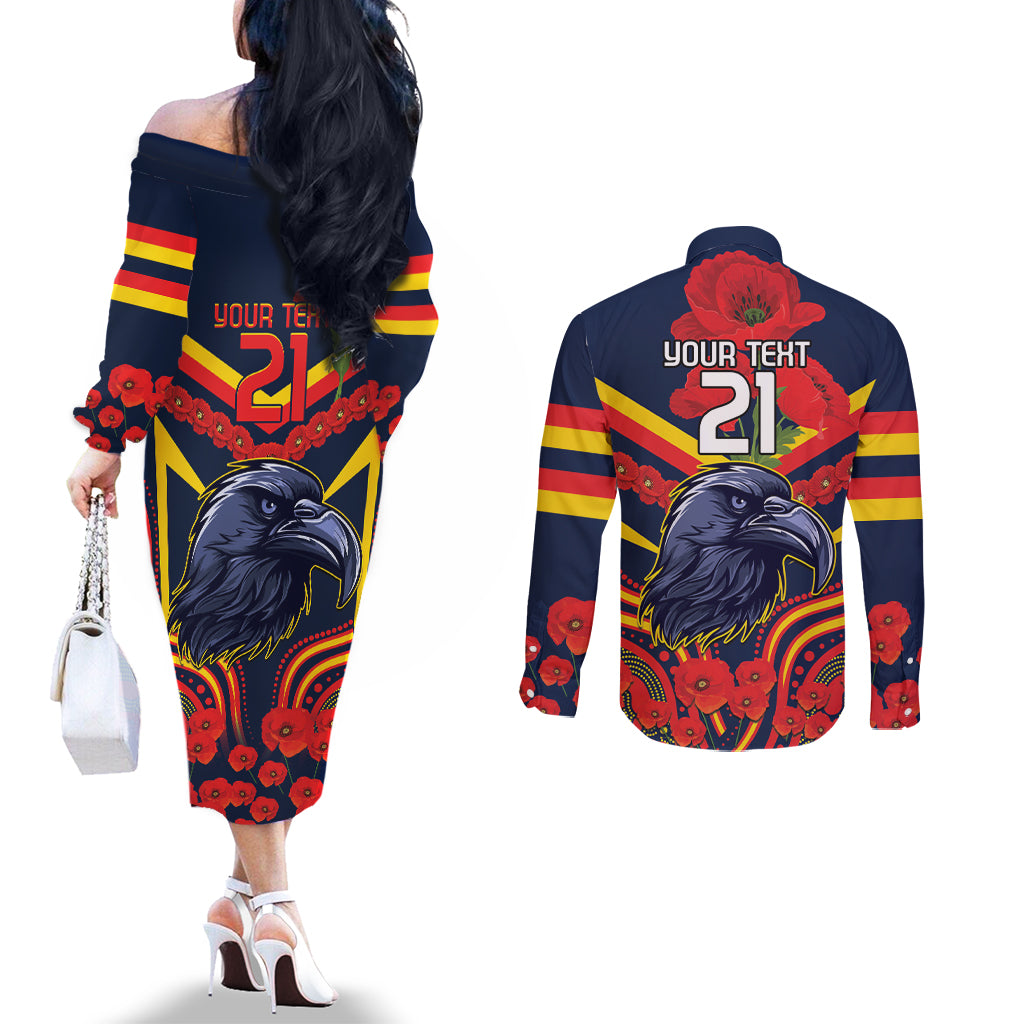 Custom Crows Football ANZAC Couples Matching Off The Shoulder Long Sleeve Dress and Long Sleeve Button Shirt Poppy Soldier With Aboriginal Dots Art