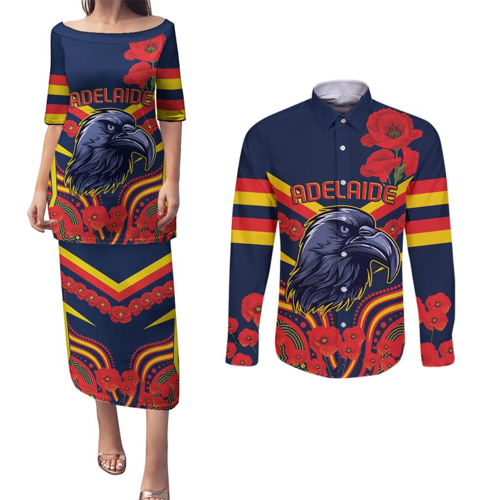 Custom Crows Football ANZAC Couples Matching Puletasi and Long Sleeve Button Shirt Poppy Soldier With Aboriginal Dots Art