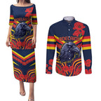 Custom Crows Football ANZAC Couples Matching Puletasi and Long Sleeve Button Shirt Poppy Soldier With Aboriginal Dots Art