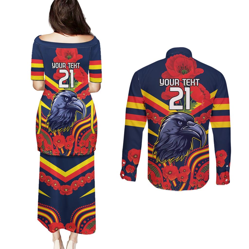 Custom Crows Football ANZAC Couples Matching Puletasi and Long Sleeve Button Shirt Poppy Soldier With Aboriginal Dots Art