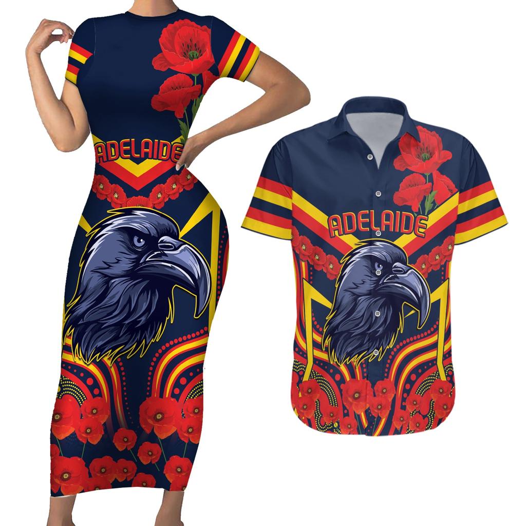 Custom Crows Football ANZAC Couples Matching Short Sleeve Bodycon Dress and Hawaiian Shirt Poppy Soldier With Aboriginal Dots Art