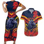 Custom Crows Football ANZAC Couples Matching Short Sleeve Bodycon Dress and Hawaiian Shirt Poppy Soldier With Aboriginal Dots Art
