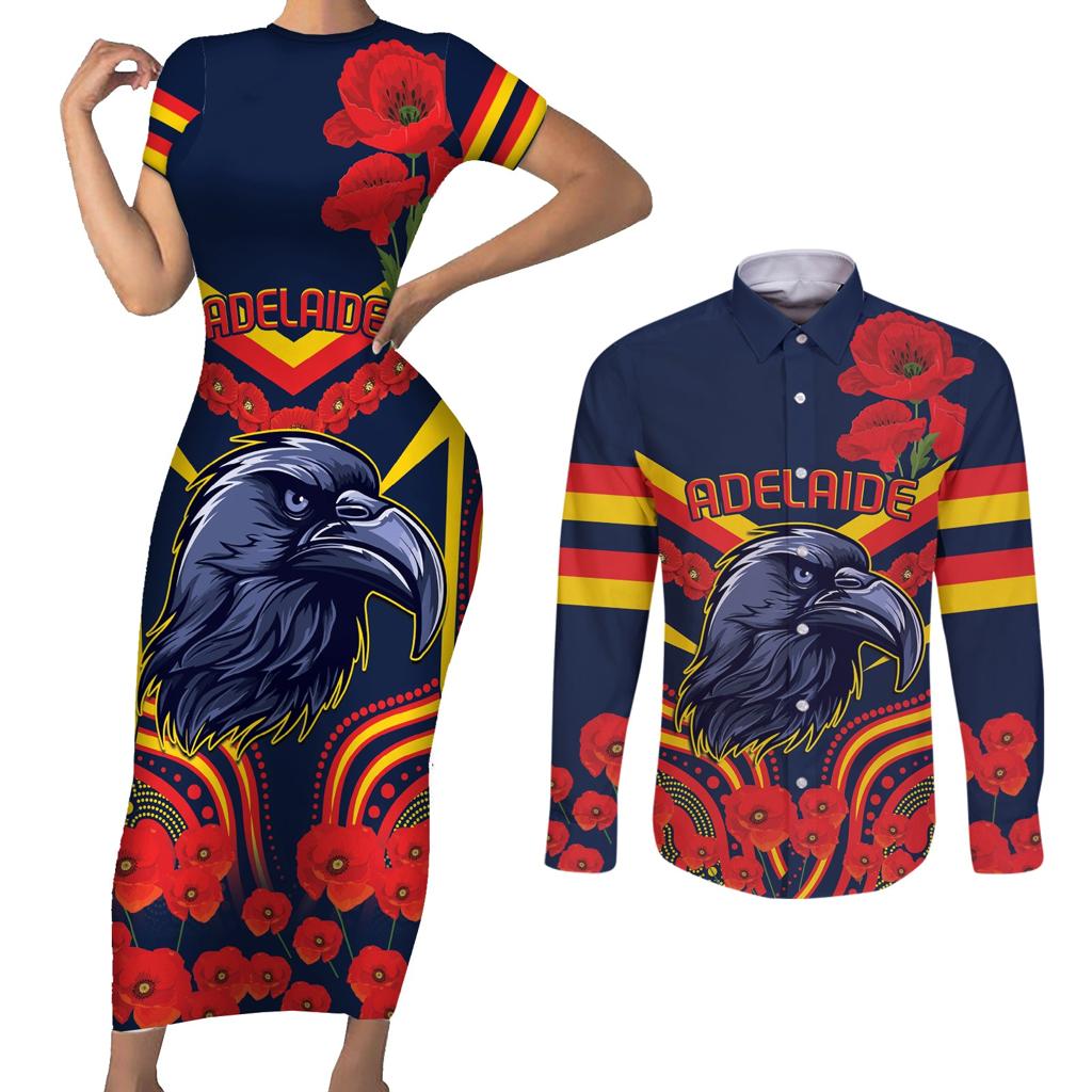 Custom Crows Football ANZAC Couples Matching Short Sleeve Bodycon Dress and Long Sleeve Button Shirt Poppy Soldier With Aboriginal Dots Art