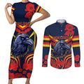 Custom Crows Football ANZAC Couples Matching Short Sleeve Bodycon Dress and Long Sleeve Button Shirt Poppy Soldier With Aboriginal Dots Art