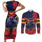 Custom Crows Football ANZAC Couples Matching Short Sleeve Bodycon Dress and Long Sleeve Button Shirt Poppy Soldier With Aboriginal Dots Art