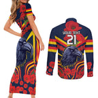 Custom Crows Football ANZAC Couples Matching Short Sleeve Bodycon Dress and Long Sleeve Button Shirt Poppy Soldier With Aboriginal Dots Art