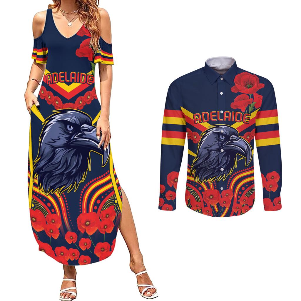 Custom Crows Football ANZAC Couples Matching Summer Maxi Dress and Long Sleeve Button Shirt Poppy Soldier With Aboriginal Dots Art