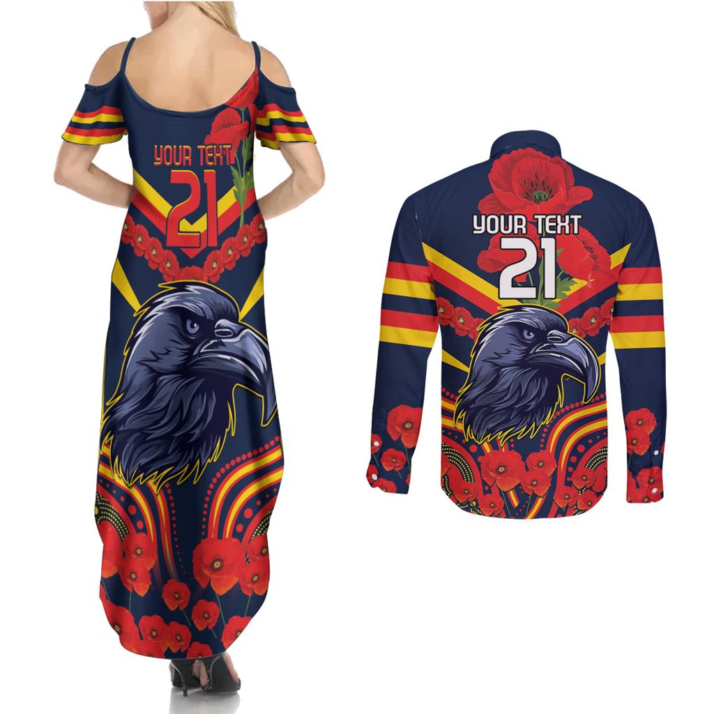 Custom Crows Football ANZAC Couples Matching Summer Maxi Dress and Long Sleeve Button Shirt Poppy Soldier With Aboriginal Dots Art