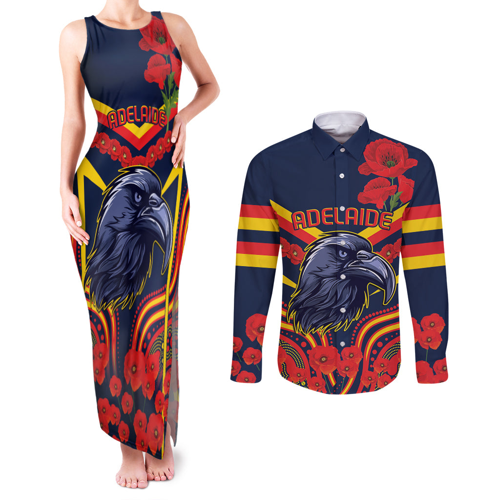 Custom Crows Football ANZAC Couples Matching Tank Maxi Dress and Long Sleeve Button Shirt Poppy Soldier With Aboriginal Dots Art