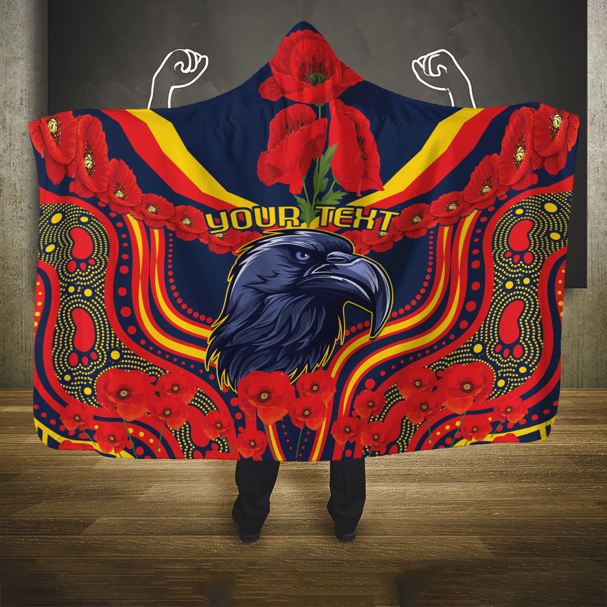 Custom Crows Football ANZAC Hooded Blanket Poppy Soldier With Aboriginal Dots Art