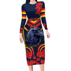 Custom Crows Football ANZAC Long Sleeve Bodycon Dress Poppy Soldier With Aboriginal Dots Art