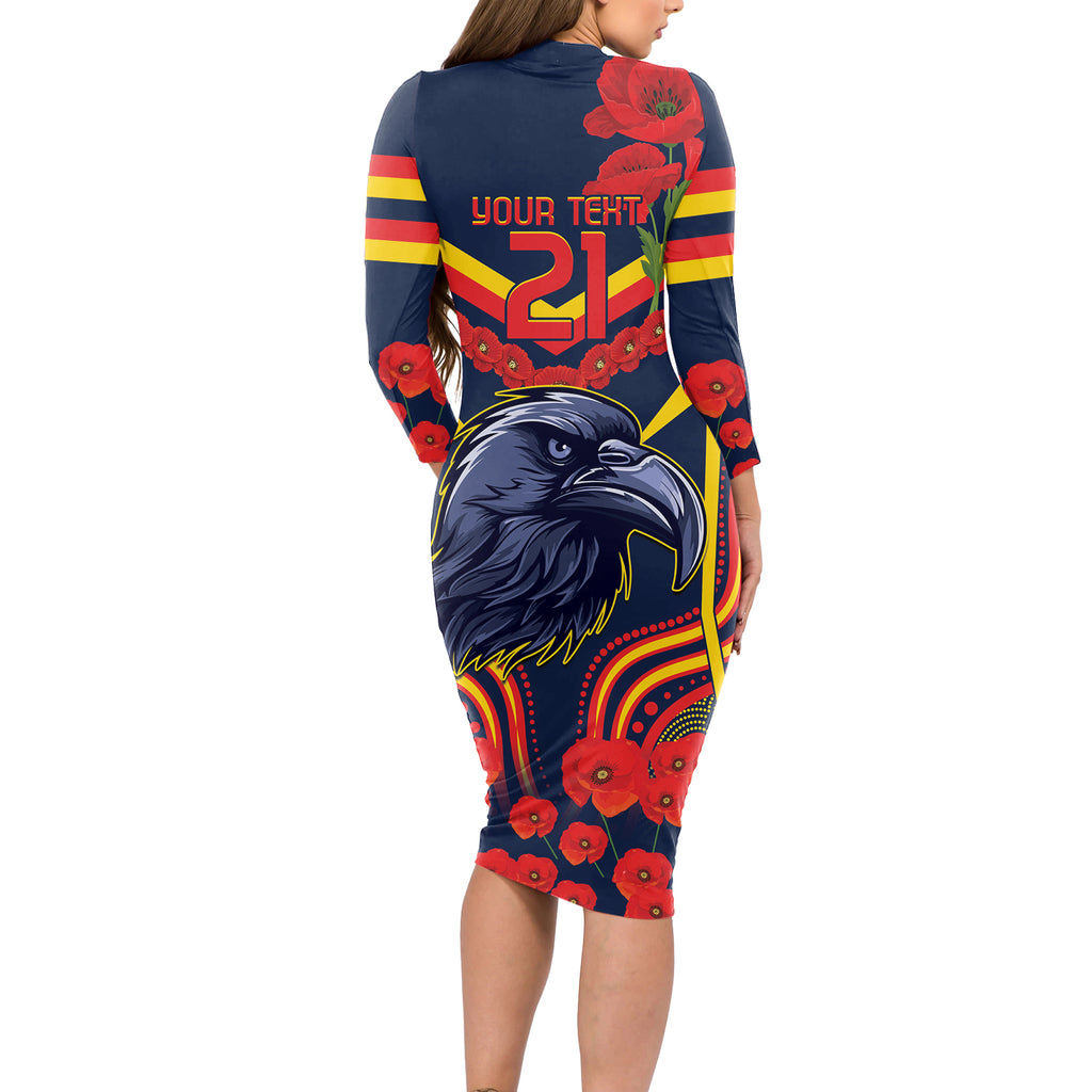 Custom Crows Football ANZAC Long Sleeve Bodycon Dress Poppy Soldier With Aboriginal Dots Art