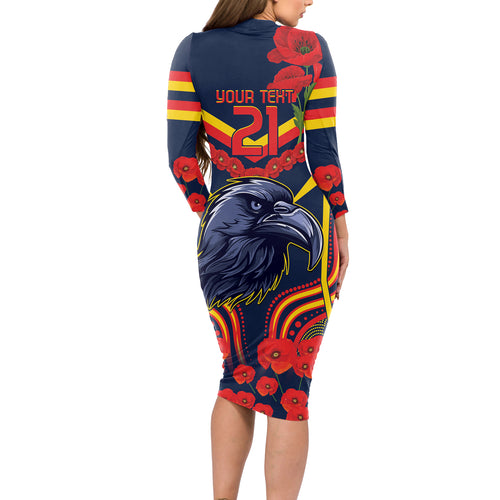 Custom Crows Football ANZAC Long Sleeve Bodycon Dress Poppy Soldier With Aboriginal Dots Art