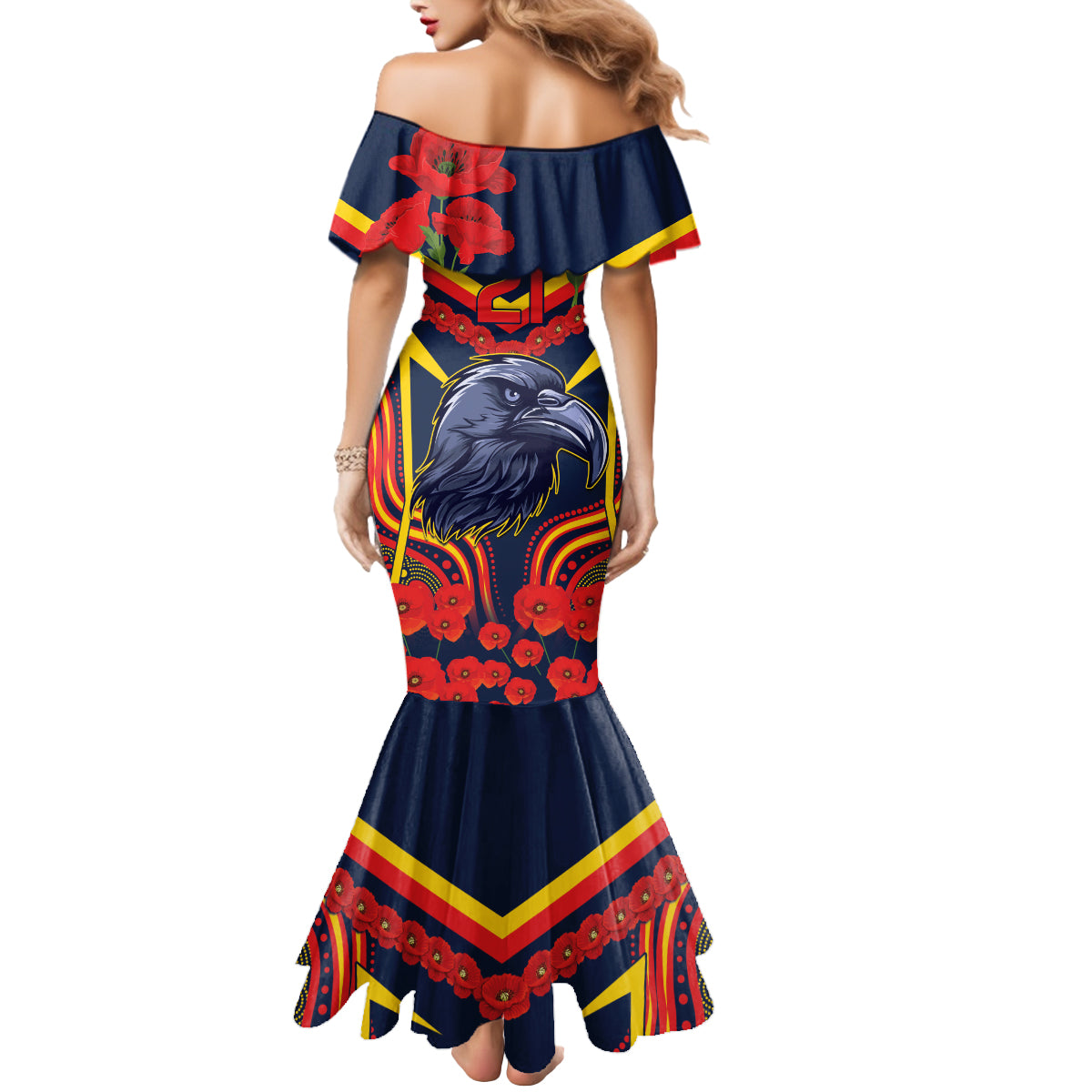 Custom Crows Football ANZAC Mermaid Dress Poppy Soldier With Aboriginal Dots Art