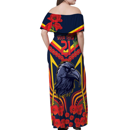 Custom Crows Football ANZAC Off Shoulder Maxi Dress Poppy Soldier With Aboriginal Dots Art