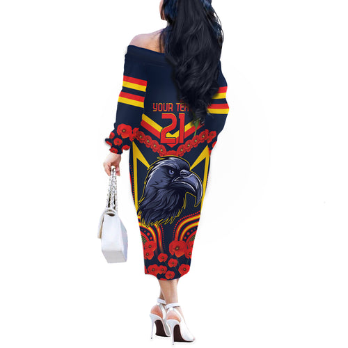 Custom Crows Football ANZAC Off The Shoulder Long Sleeve Dress Poppy Soldier With Aboriginal Dots Art