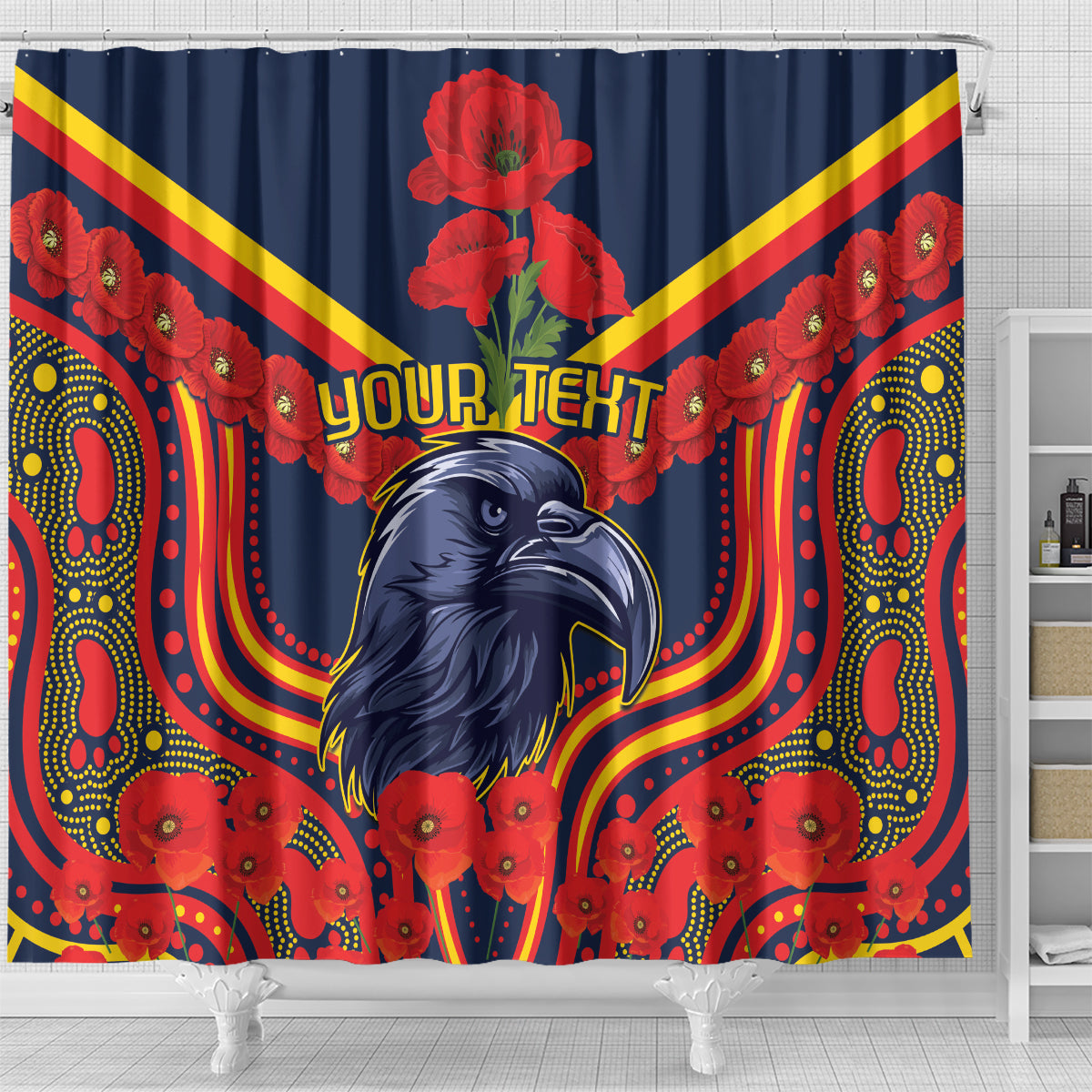 Custom Crows Football ANZAC Shower Curtain Poppy Soldier With Aboriginal Dots Art