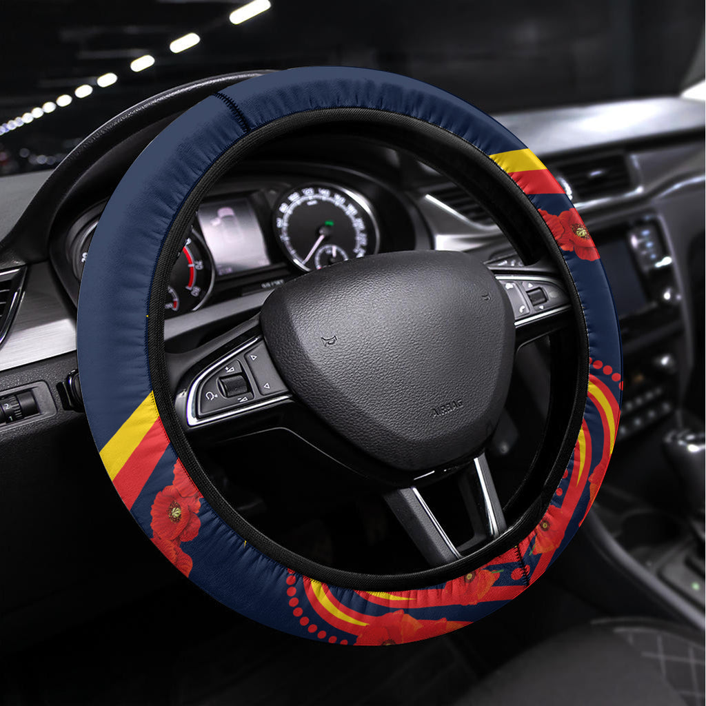 Custom Crows Football ANZAC Steering Wheel Cover Poppy Soldier With Aboriginal Dots Art