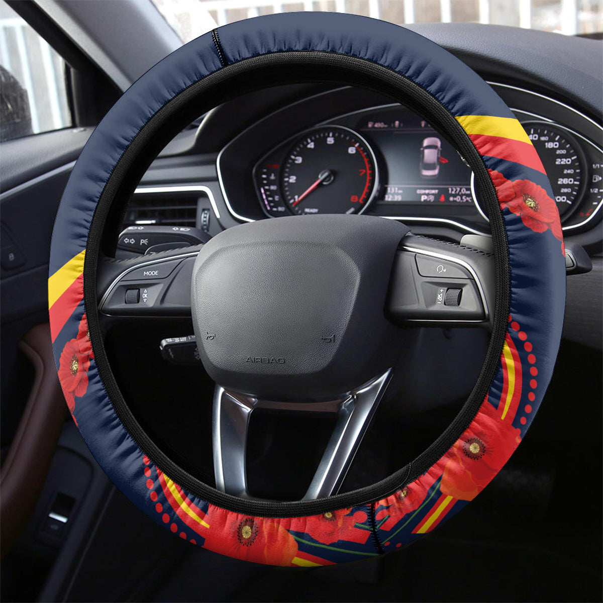 Custom Crows Football ANZAC Steering Wheel Cover Poppy Soldier With Aboriginal Dots Art