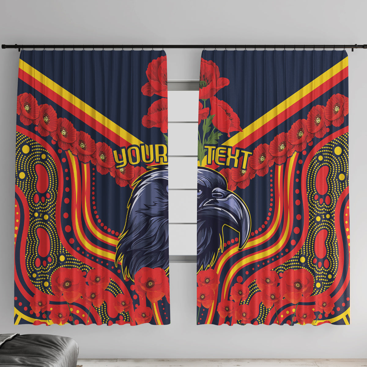 Custom Crows Football ANZAC Window Curtain Poppy Soldier With Aboriginal Dots Art