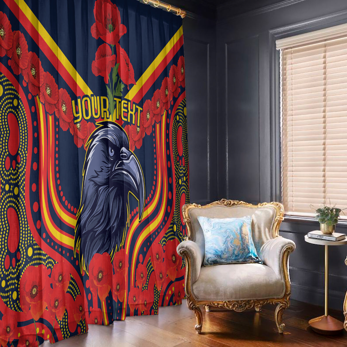Custom Crows Football ANZAC Window Curtain Poppy Soldier With Aboriginal Dots Art