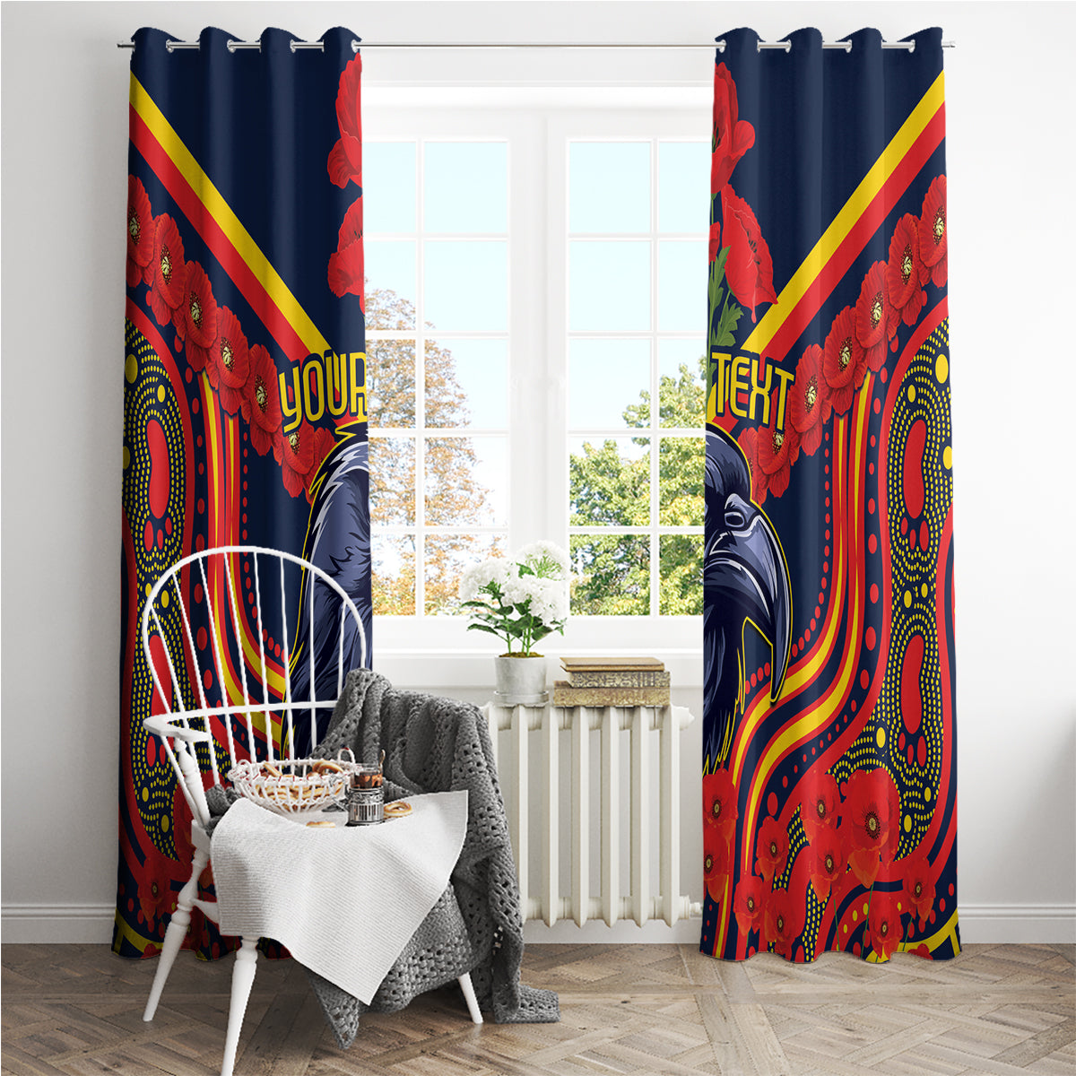 Custom Crows Football ANZAC Window Curtain Poppy Soldier With Aboriginal Dots Art