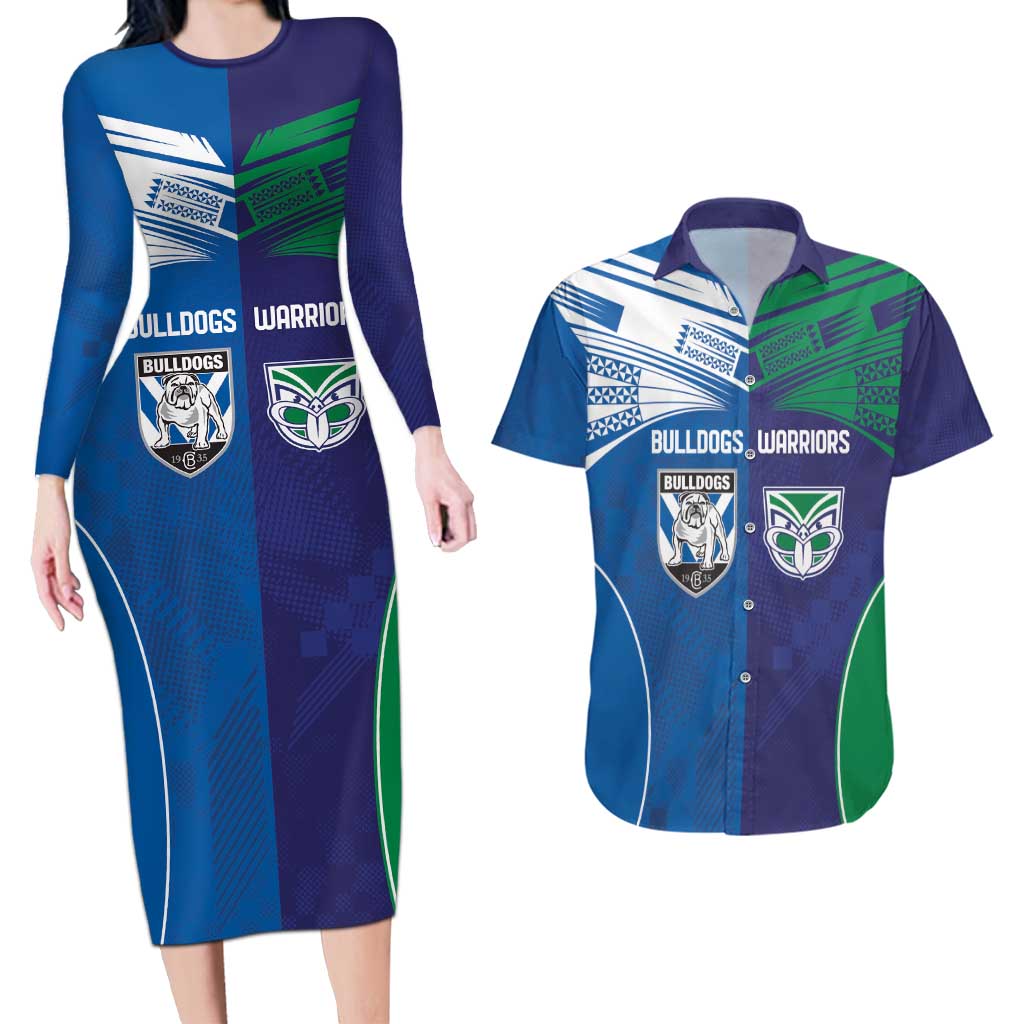 Custom Warriors-Bulldogs Couples Matching Long Sleeve Bodycon Dress and Hawaiian Shirt Together Sporty Style