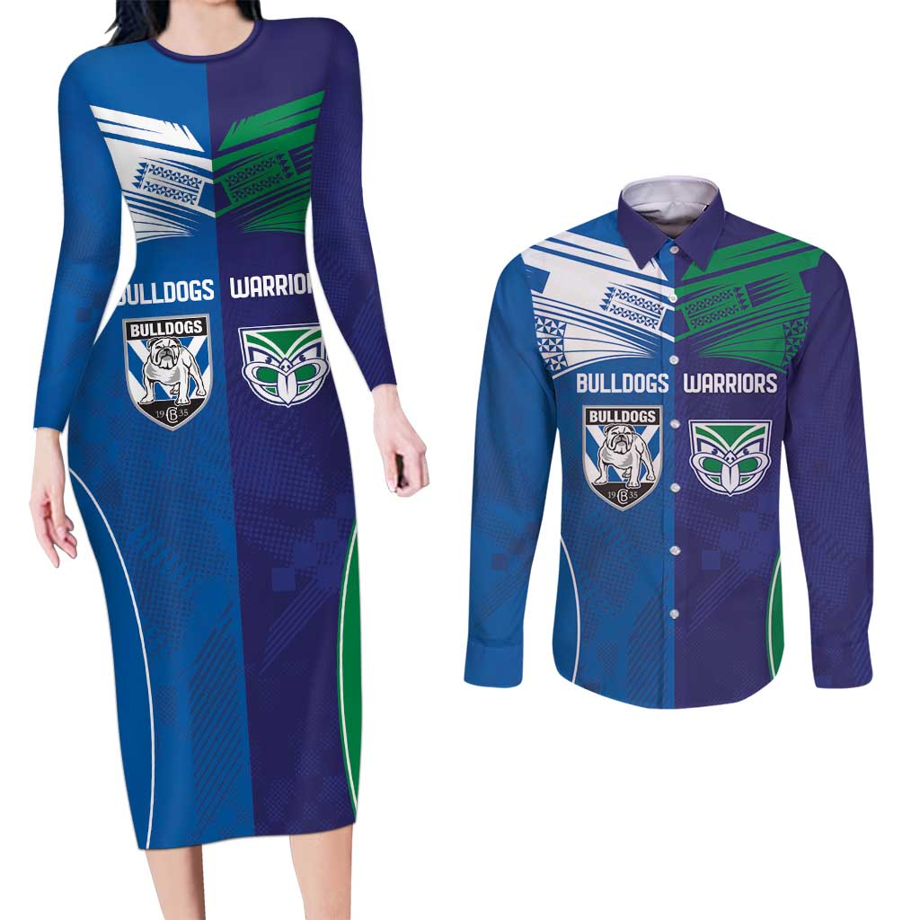 Custom Warriors-Bulldogs Couples Matching Long Sleeve Bodycon Dress and Long Sleeve Button Shirt Together Sporty Style