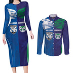 Custom Warriors-Bulldogs Couples Matching Long Sleeve Bodycon Dress and Long Sleeve Button Shirt Together Sporty Style