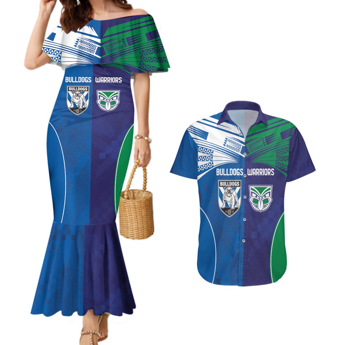 Custom Warriors-Bulldogs Couples Matching Mermaid Dress and Hawaiian Shirt Together Sporty Style