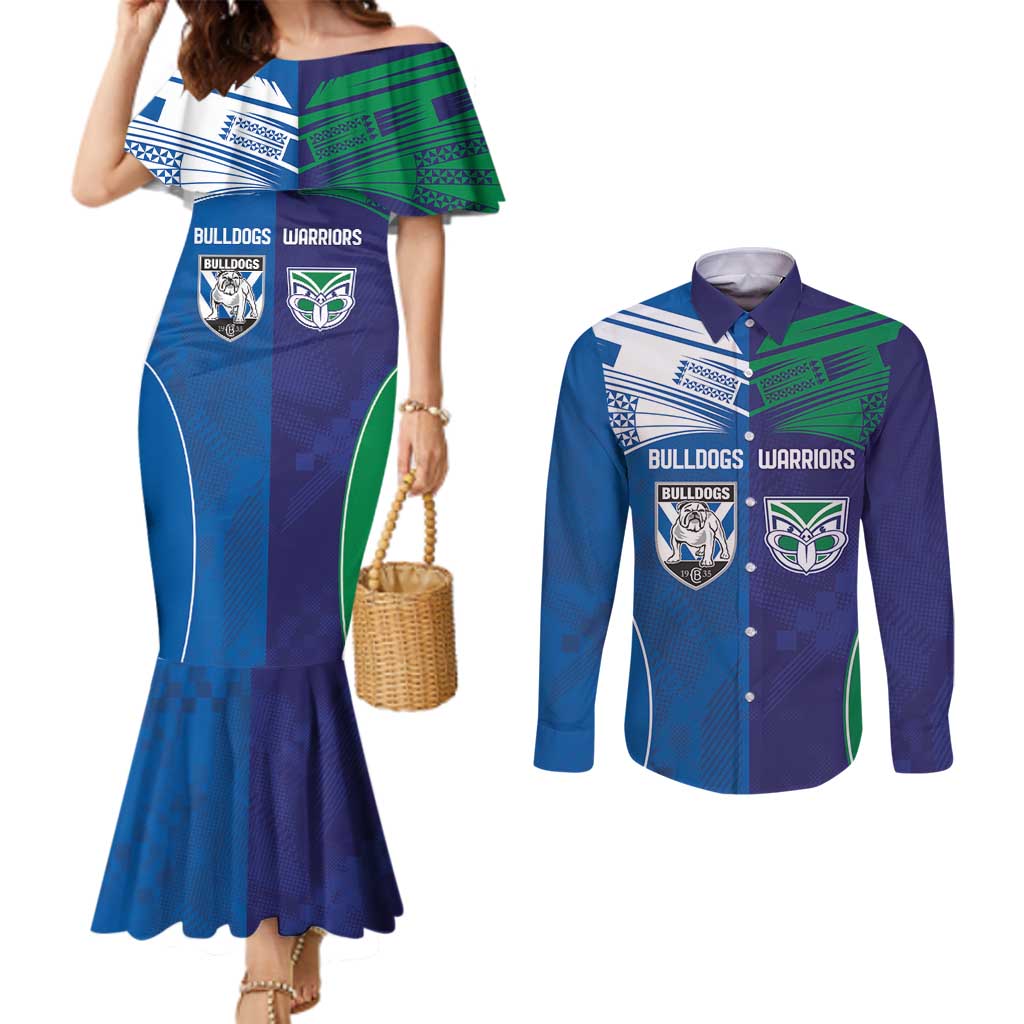 Custom Warriors-Bulldogs Couples Matching Mermaid Dress and Long Sleeve Button Shirt Together Sporty Style