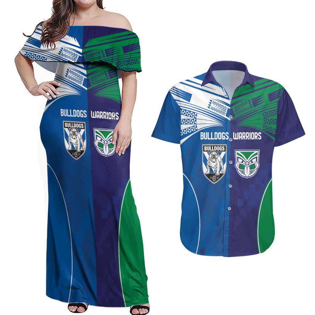 Custom Warriors-Bulldogs Couples Matching Off Shoulder Maxi Dress and Hawaiian Shirt Together Sporty Style