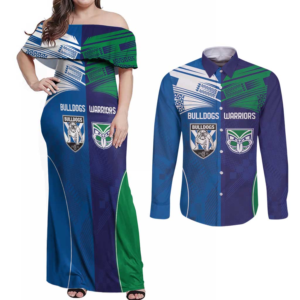 Custom Warriors-Bulldogs Couples Matching Off Shoulder Maxi Dress and Long Sleeve Button Shirt Together Sporty Style