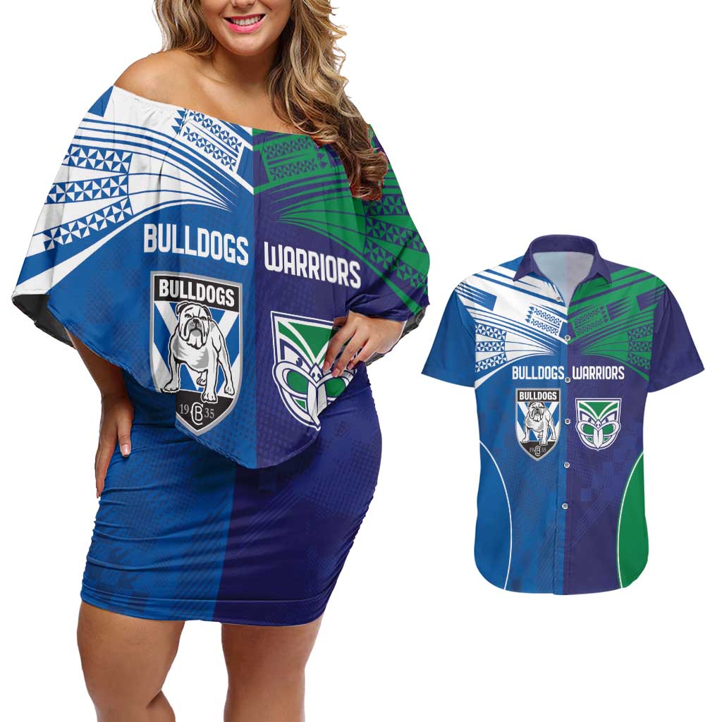 Custom Warriors-Bulldogs Couples Matching Off Shoulder Short Dress and Hawaiian Shirt Together Sporty Style