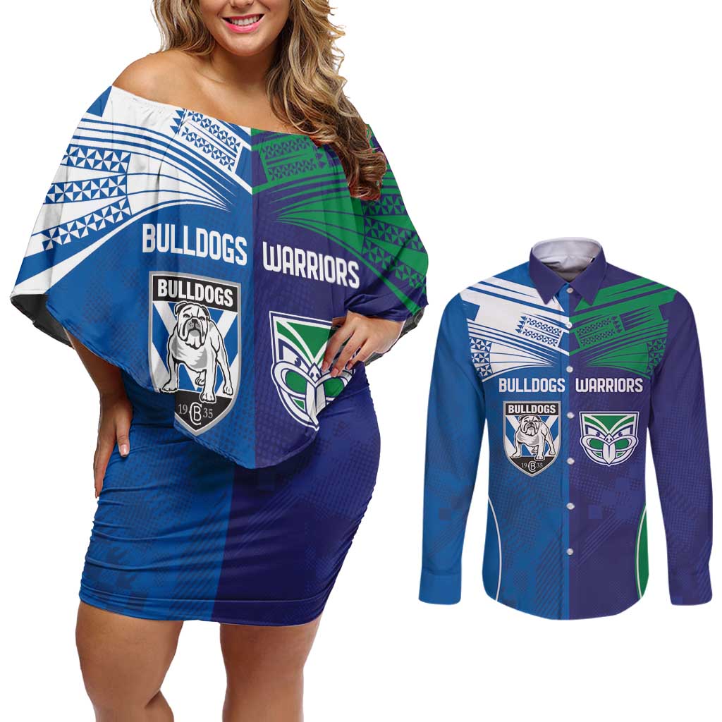 Custom Warriors-Bulldogs Couples Matching Off Shoulder Short Dress and Long Sleeve Button Shirt Together Sporty Style