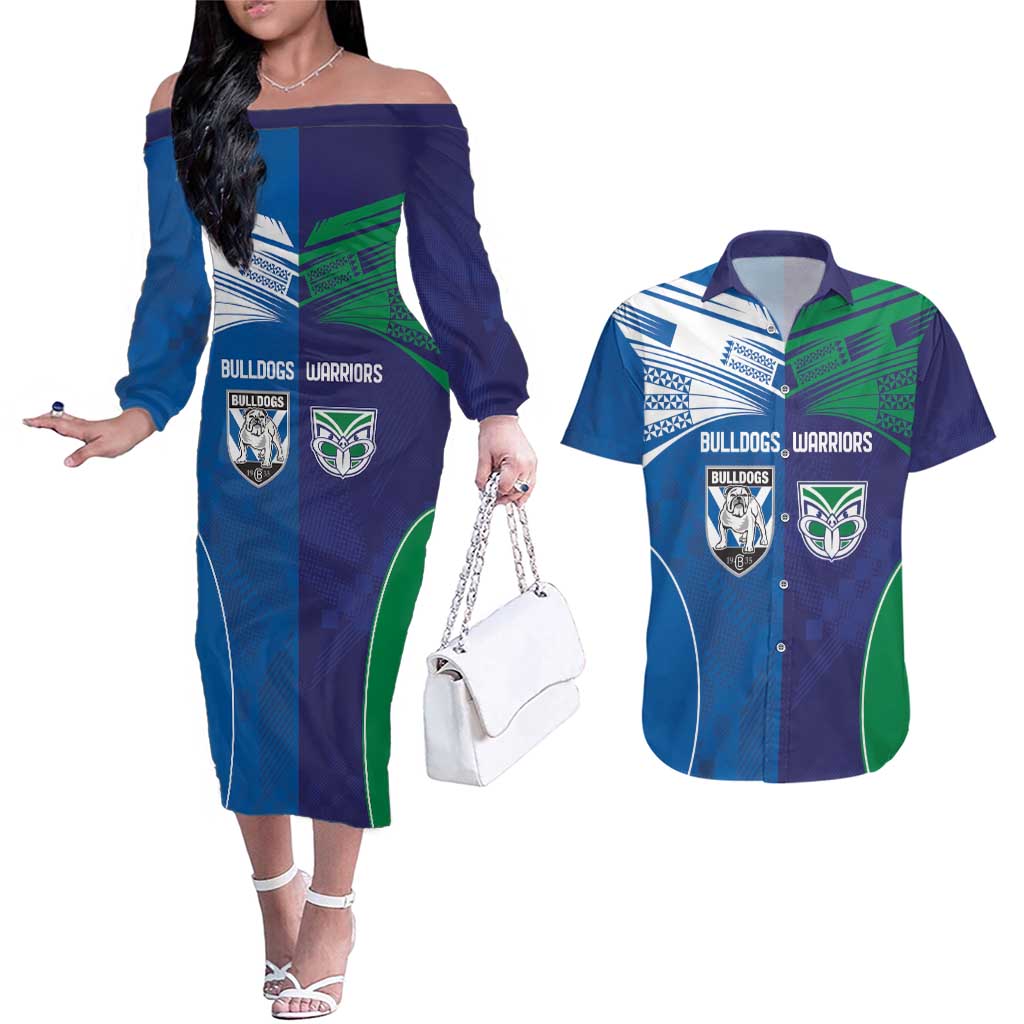 Custom Warriors-Bulldogs Couples Matching Off The Shoulder Long Sleeve Dress and Hawaiian Shirt Together Sporty Style