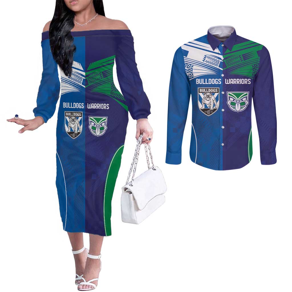 Custom Warriors-Bulldogs Couples Matching Off The Shoulder Long Sleeve Dress and Long Sleeve Button Shirt Together Sporty Style