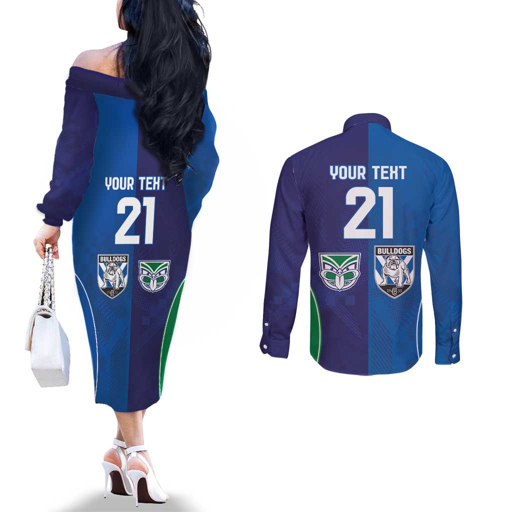 Custom Warriors-Bulldogs Couples Matching Off The Shoulder Long Sleeve Dress and Long Sleeve Button Shirt Together Sporty Style