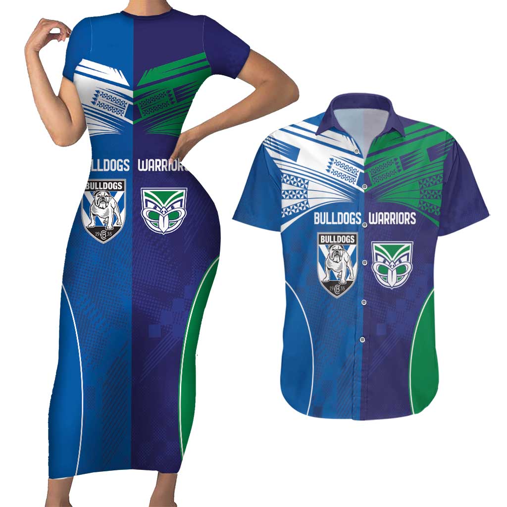 Custom Warriors-Bulldogs Couples Matching Short Sleeve Bodycon Dress and Hawaiian Shirt Together Sporty Style