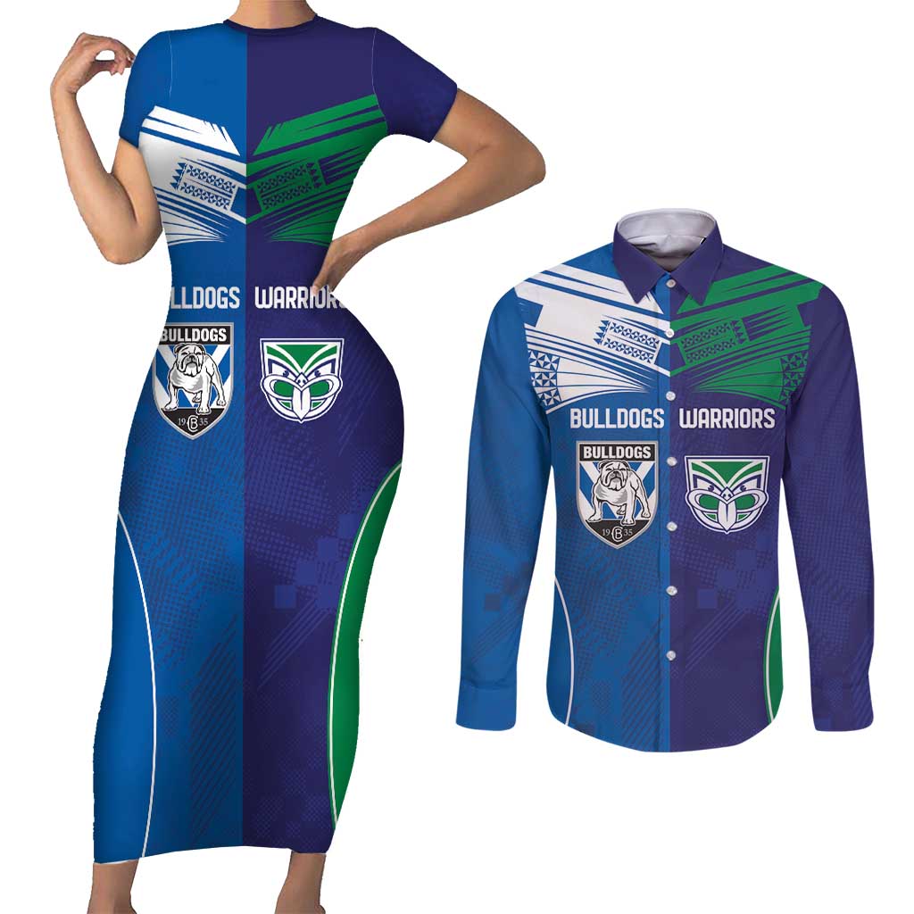 Custom Warriors-Bulldogs Couples Matching Short Sleeve Bodycon Dress and Long Sleeve Button Shirt Together Sporty Style