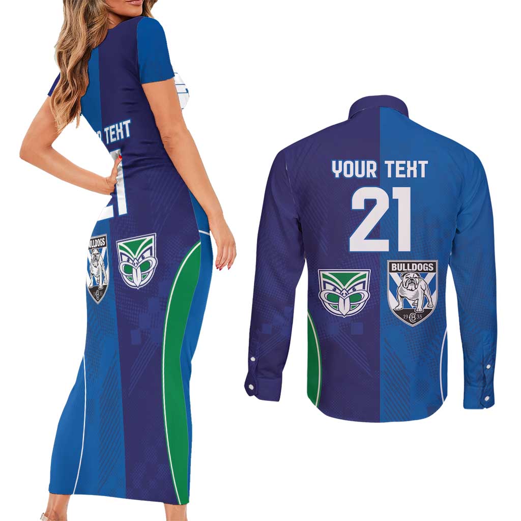 Custom Warriors-Bulldogs Couples Matching Short Sleeve Bodycon Dress and Long Sleeve Button Shirt Together Sporty Style