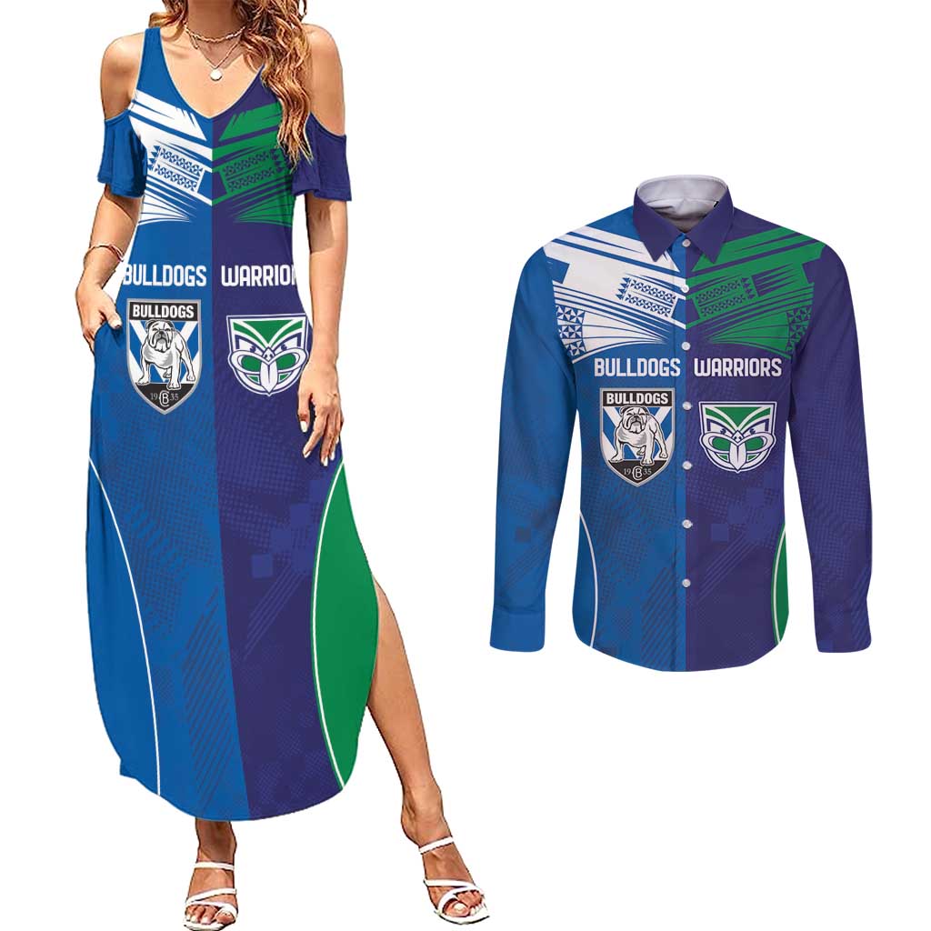 Custom Warriors-Bulldogs Couples Matching Summer Maxi Dress and Long Sleeve Button Shirt Together Sporty Style